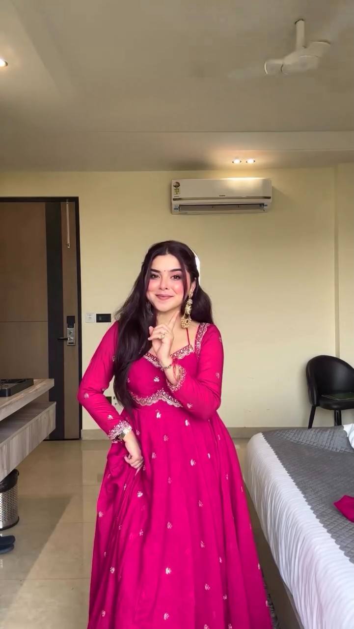 Pink Elegant Faux Georgette Anarkali Set with Thread & Sequin Work, Paired with Comfortable Pant & Lace-Detailed Dupatta ClothsVilla