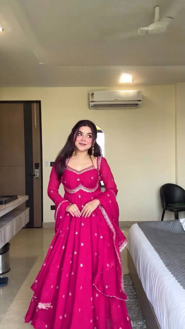 Pink Elegant Faux Georgette Anarkali Set with Thread & Sequin Work, Paired with Comfortable Pant & Lace-Detailed Dupatta ClothsVilla