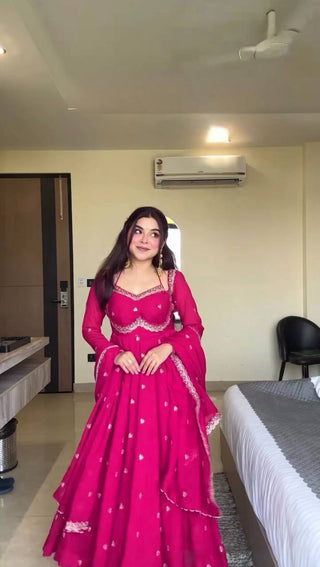 Pink Elegant Faux Georgette Anarkali Set with Thread & Sequin Work, Paired with Comfortable Pant & Lace-Detailed Dupatta ClothsVilla