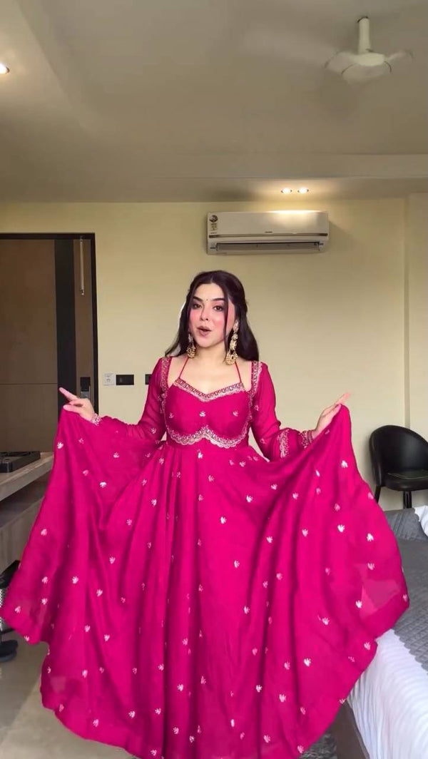 Pink Elegant Faux Georgette Anarkali Set with Thread & Sequin Work, Paired with Comfortable Pant & Lace-Detailed Dupatta ClothsVilla