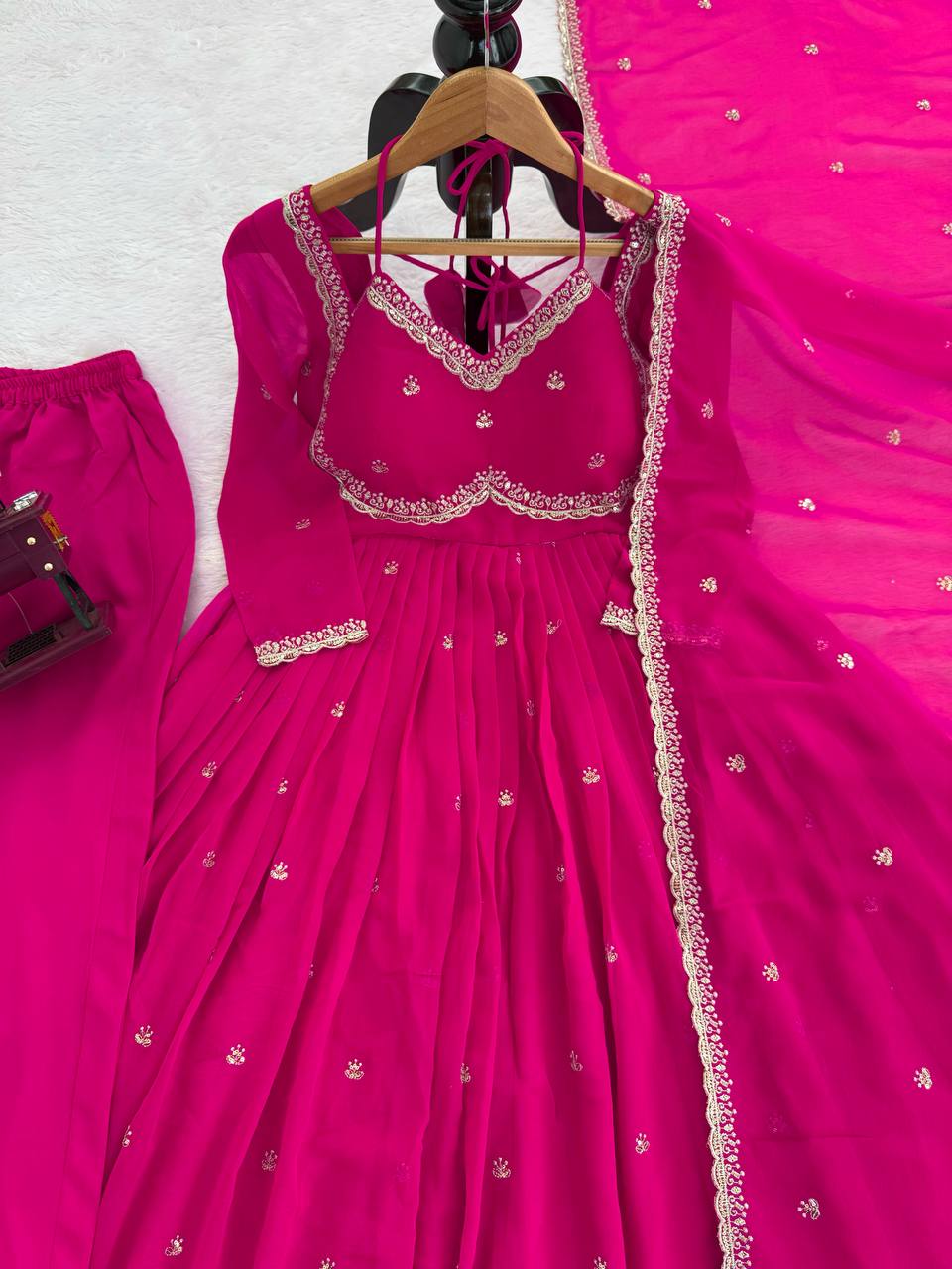 Pink Elegant Faux Georgette Anarkali Set with Thread & Sequin Work, Paired with Comfortable Pant & Lace-Detailed Dupatta ClothsVilla
