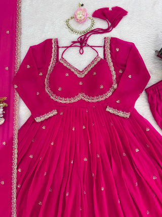 Pink Elegant Faux Georgette Anarkali Set with Thread & Sequin Work, Paired with Comfortable Pant & Lace-Detailed Dupatta ClothsVilla