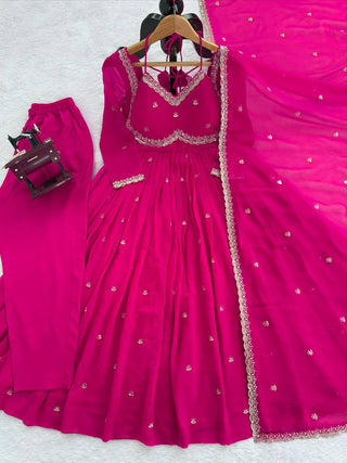 Pink Elegant Faux Georgette Anarkali Set with Thread & Sequin Work, Paired with Comfortable Pant & Lace-Detailed Dupatta ClothsVilla