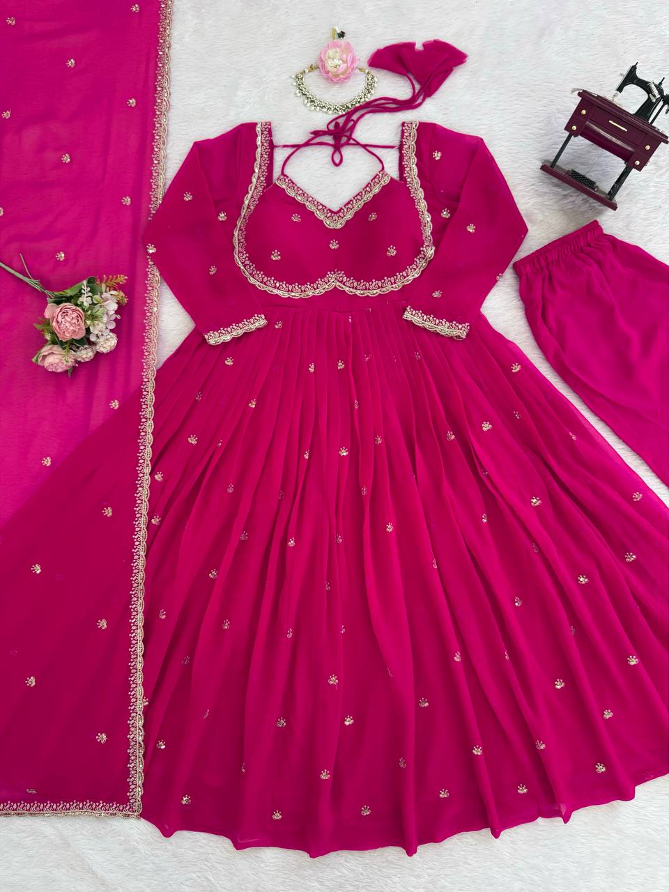 Pink Elegant Faux Georgette Anarkali Set with Thread & Sequin Work, Paired with Comfortable Pant & Lace-Detailed Dupatta ClothsVilla