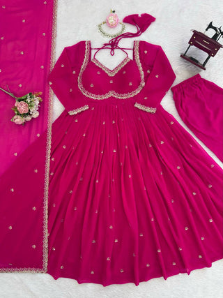 Pink Elegant Faux Georgette Anarkali Set with Thread & Sequin Work, Paired with Comfortable Pant & Lace-Detailed Dupatta ClothsVilla