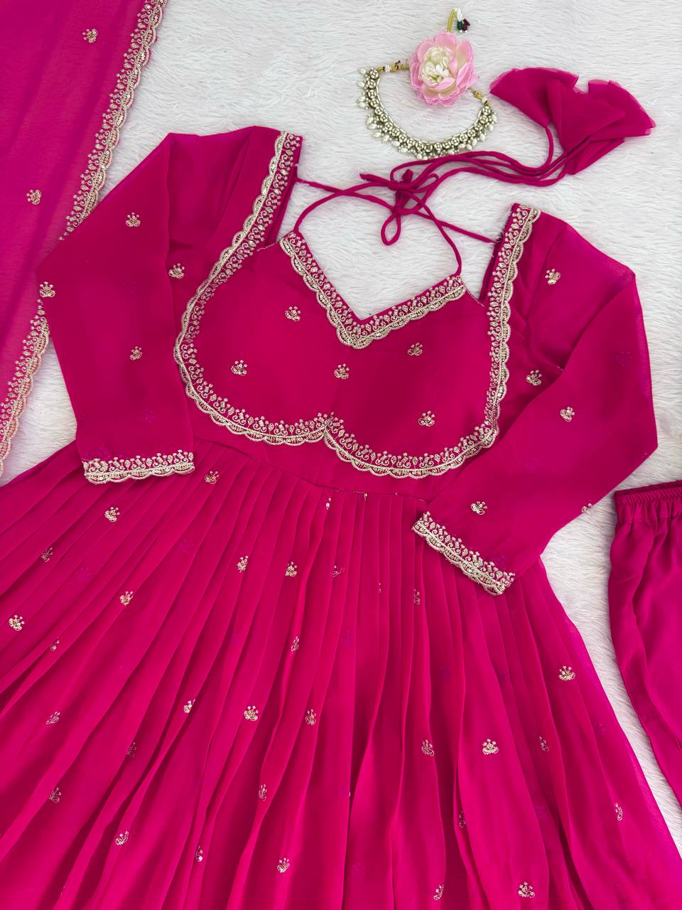 Pink Elegant Faux Georgette Anarkali Set with Thread & Sequin Work, Paired with Comfortable Pant & Lace-Detailed Dupatta ClothsVilla