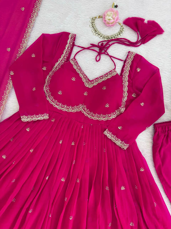 Pink Elegant Faux Georgette Anarkali Set with Thread & Sequin Work, Paired with Comfortable Pant & Lace-Detailed Dupatta ClothsVilla