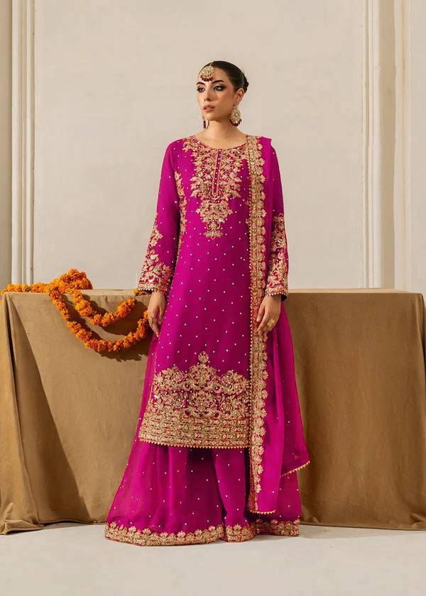 Pink Elegant Faux Georgette Coding & Sequence Work Palazzo Set with Rivet Moti Detailing and Dupatta ClothsVilla Main image