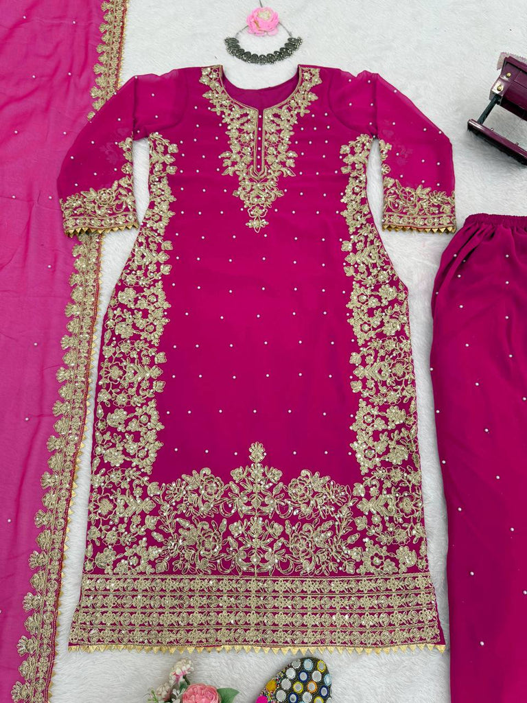Pink Elegant Faux Georgette Coding & Sequence Work Palazzo Set with Rivet Moti Detailing and Dupatta ClothsVilla