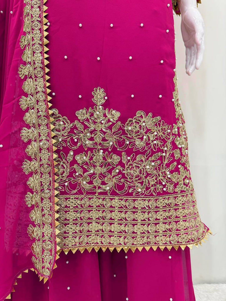Pink Elegant Faux Georgette Coding & Sequence Work Palazzo Set with Rivet Moti Detailing and Dupatta ClothsVilla