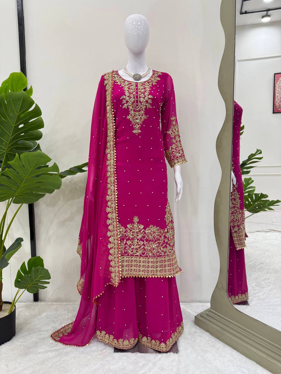 Pink Elegant Faux Georgette Coding & Sequence Work Palazzo Set with Rivet Moti Detailing and Dupatta ClothsVilla