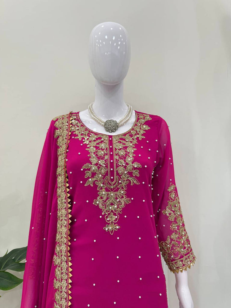 Pink Elegant Faux Georgette Coding & Sequence Work Palazzo Set with Rivet Moti Detailing and Dupatta ClothsVilla