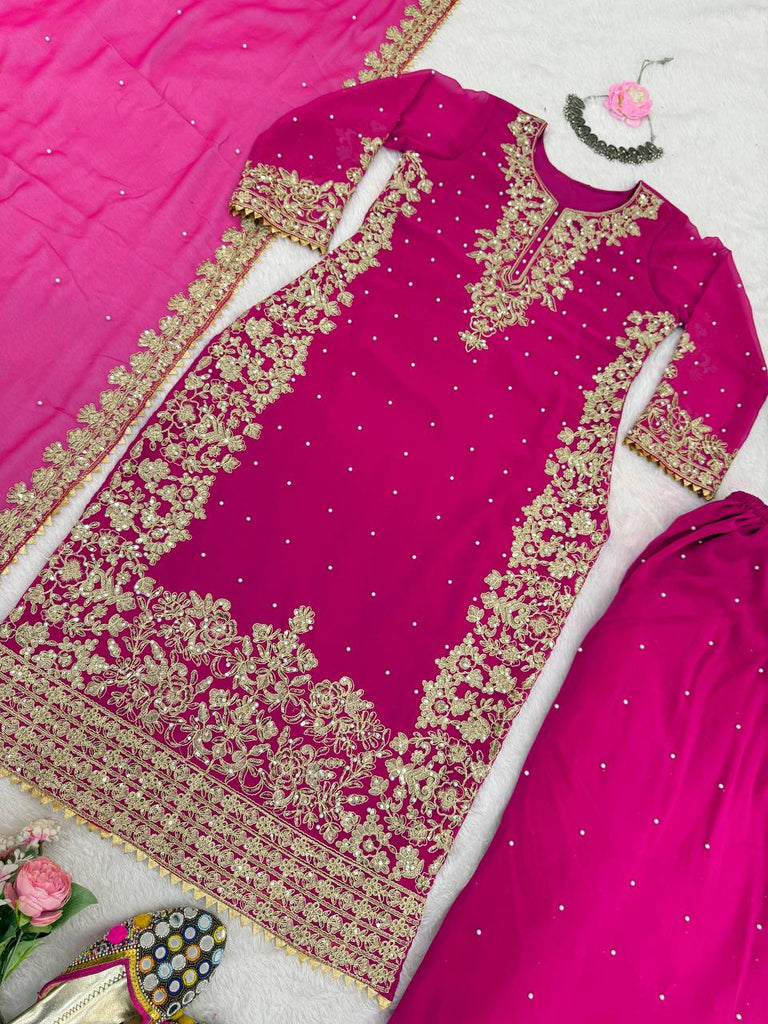 Pink Elegant Faux Georgette Coding & Sequence Work Palazzo Set with Rivet Moti Detailing and Dupatta ClothsVilla