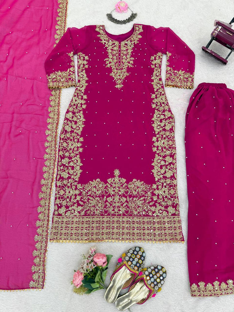 Pink Elegant Faux Georgette Coding & Sequence Work Palazzo Set with Rivet Moti Detailing and Dupatta ClothsVilla