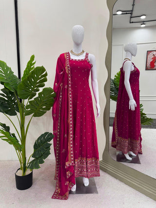 Pink Elegant Faux Georgette Embroidered Gown with Dupatta ClothsVilla