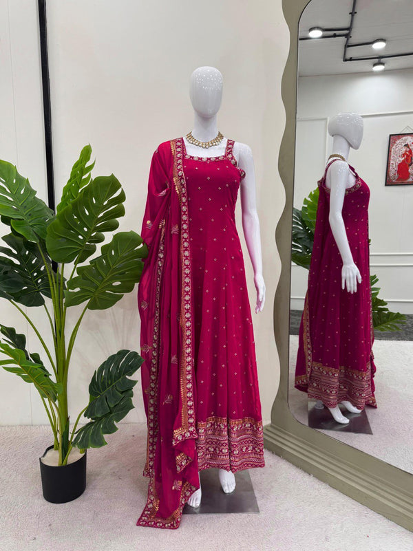 Pink Elegant Faux Georgette Embroidered Gown with Dupatta ClothsVilla