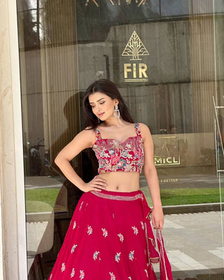 Pink Elegant Faux Georgette Embroidered Lehenga Choli Set with Dupatta Thread, Sequin & Coding Dori Work Full-Stitched with Cancan Flair ClothsVilla