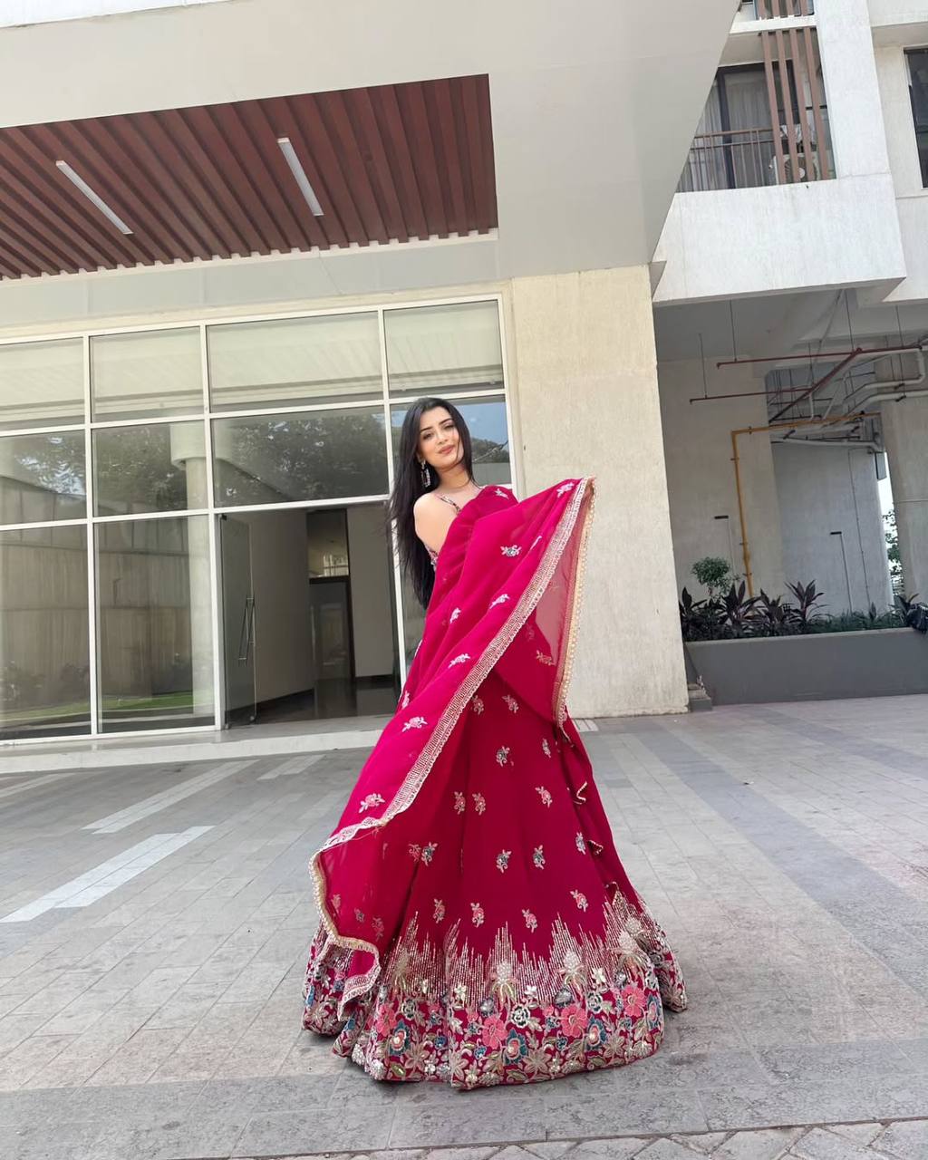 Pink Elegant Faux Georgette Embroidered Lehenga Choli Set with Dupatta Thread, Sequin & Coding Dori Work Full-Stitched with Cancan Flair ClothsVilla