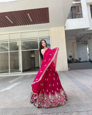 Pink Elegant Faux Georgette Embroidered Lehenga Choli Set with Dupatta Thread, Sequin & Coding Dori Work Full-Stitched with Cancan Flair ClothsVilla