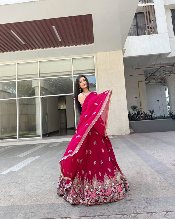 Pink Elegant Faux Georgette Embroidered Lehenga Choli Set with Dupatta Thread, Sequin & Coding Dori Work Full-Stitched with Cancan Flair ClothsVilla