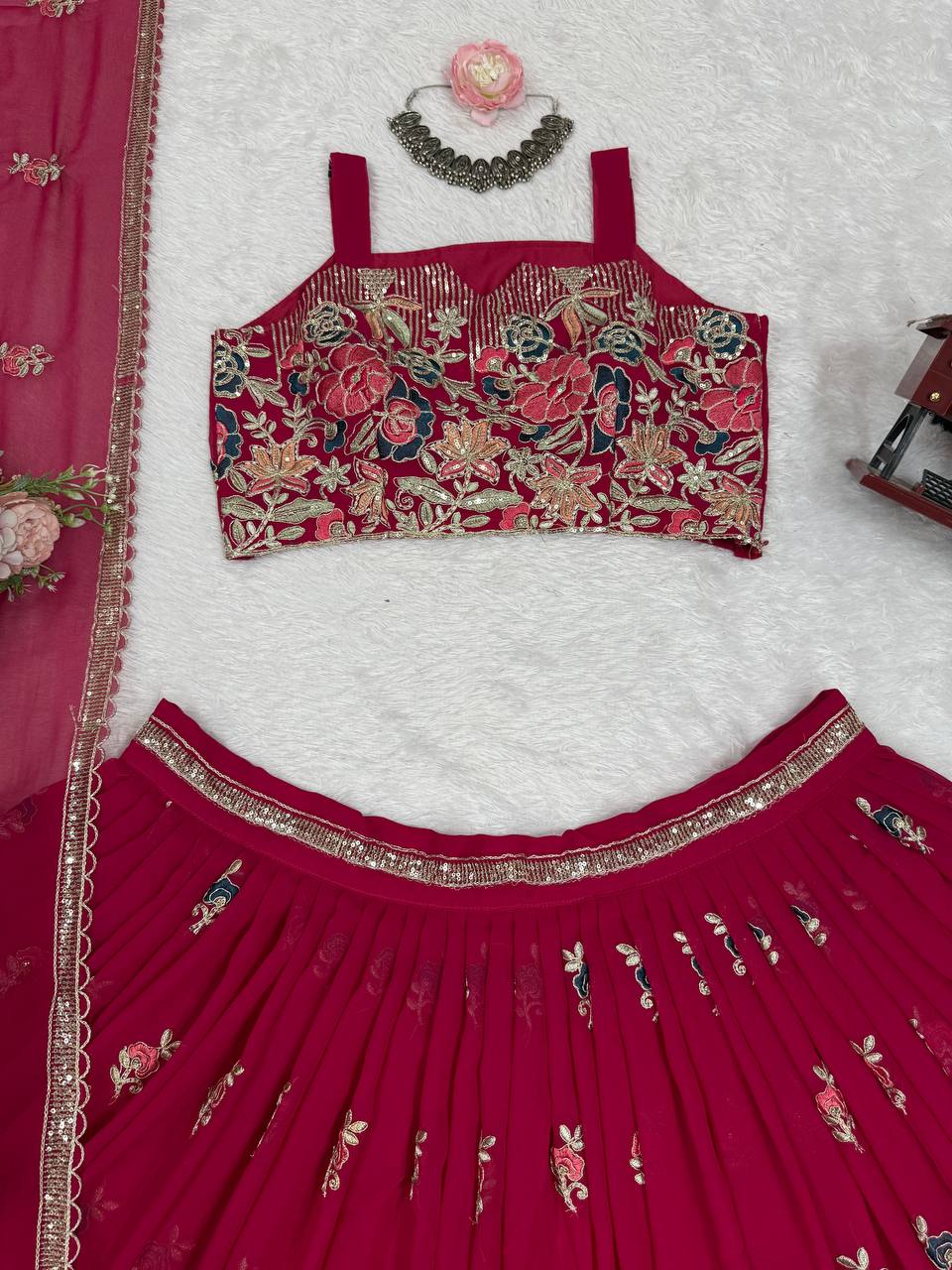 Pink Elegant Faux Georgette Embroidered Lehenga Choli Set with Dupatta Thread, Sequin & Coding Dori Work Full-Stitched with Cancan Flair ClothsVilla