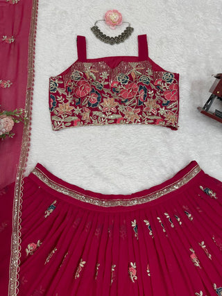 Pink Elegant Faux Georgette Embroidered Lehenga Choli Set with Dupatta Thread, Sequin & Coding Dori Work Full-Stitched with Cancan Flair ClothsVilla