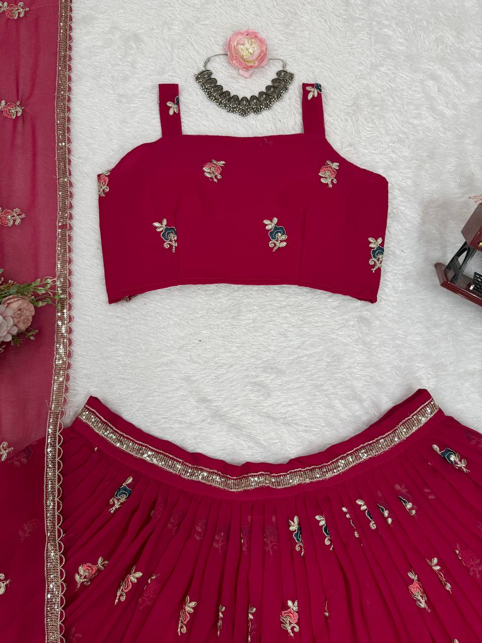 Pink Elegant Faux Georgette Embroidered Lehenga Choli Set with Dupatta Thread, Sequin & Coding Dori Work Full-Stitched with Cancan Flair ClothsVilla