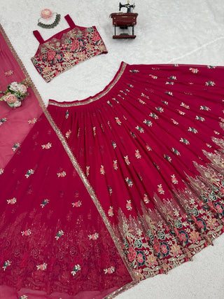 Pink Elegant Faux Georgette Embroidered Lehenga Choli Set with Dupatta Thread, Sequin & Coding Dori Work Full-Stitched with Cancan Flair ClothsVilla