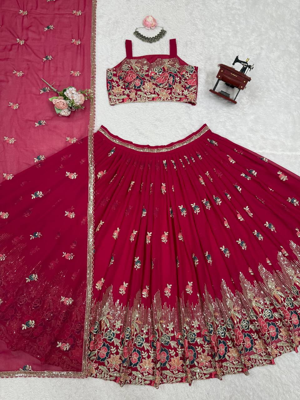 Pink Elegant Faux Georgette Embroidered Lehenga Choli Set with Dupatta Thread, Sequin & Coding Dori Work Full-Stitched with Cancan Flair ClothsVilla
