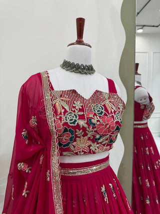 Pink Elegant Faux Georgette Embroidered Lehenga Choli Set with Dupatta Thread, Sequin & Coding Dori Work Full-Stitched with Cancan Flair ClothsVilla