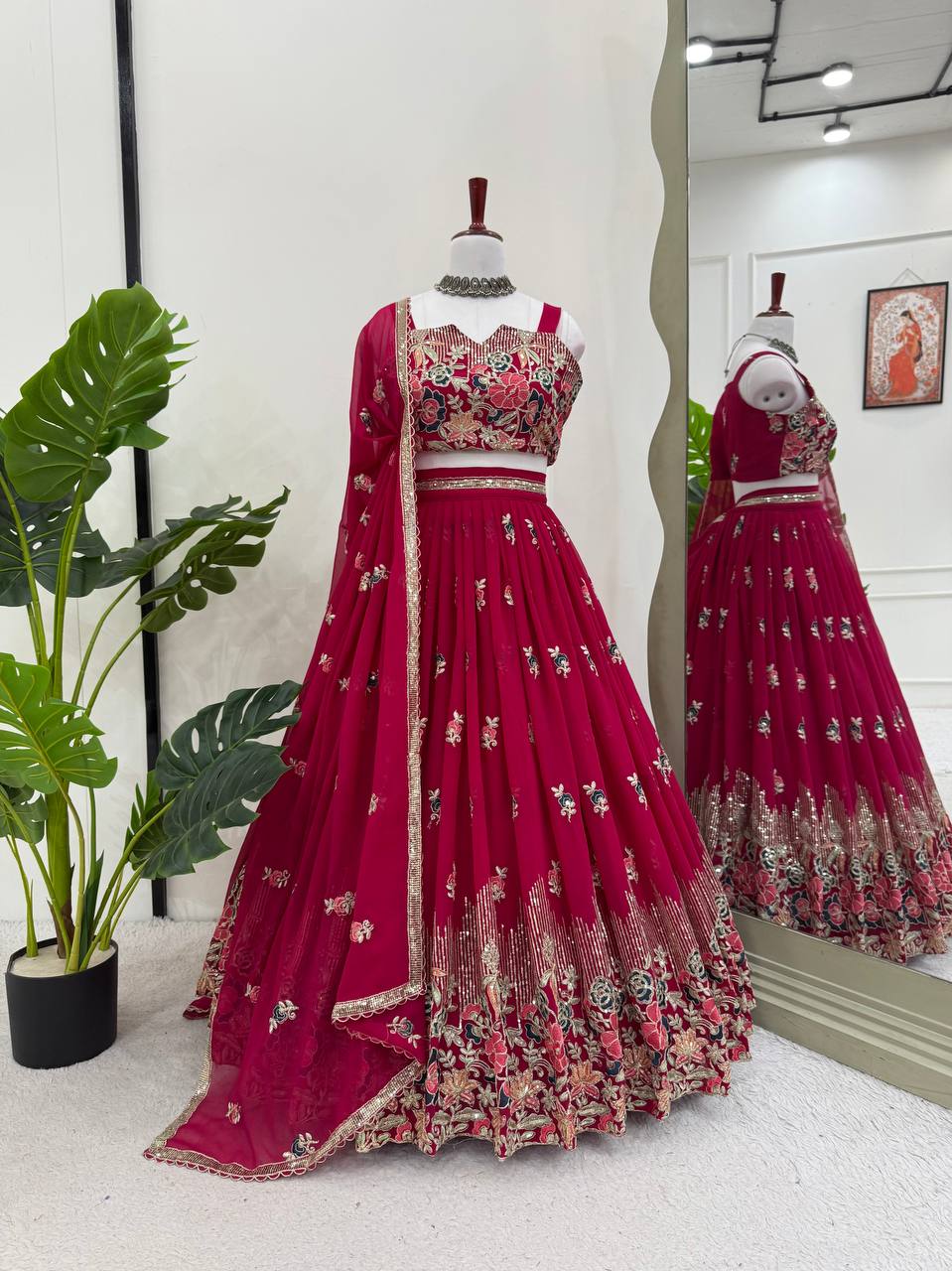 Pink Elegant Faux Georgette Embroidered Lehenga Choli Set with Dupatta Thread, Sequin & Coding Dori Work Full-Stitched with Cancan Flair ClothsVilla
