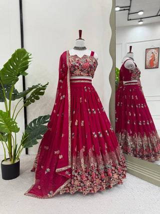 Pink Elegant Faux Georgette Embroidered Lehenga Choli Set with Dupatta Thread, Sequin & Coding Dori Work Full-Stitched with Cancan Flair ClothsVilla