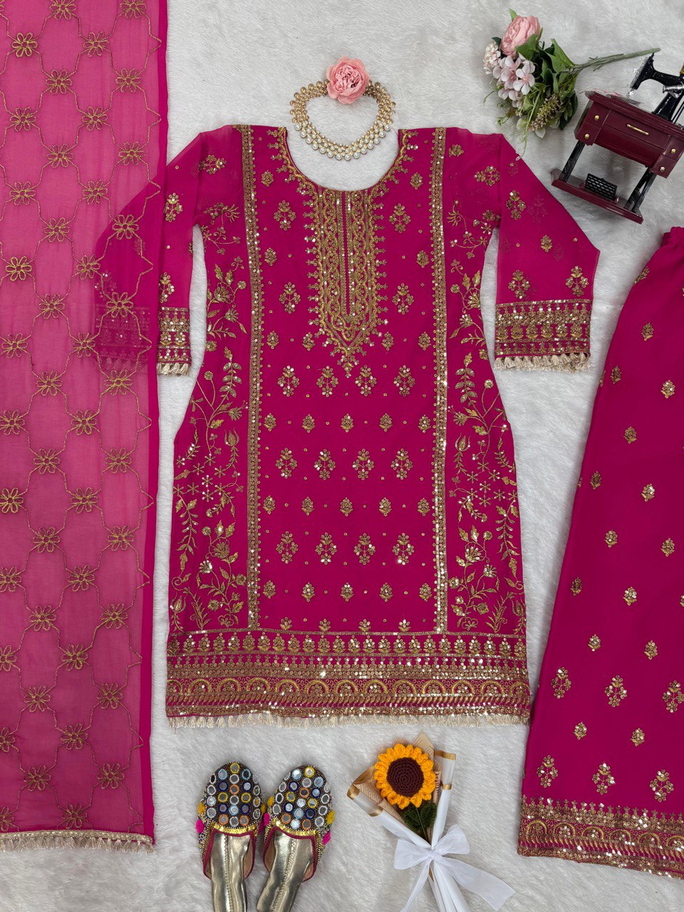 Pink Elegant Faux Georgette Embroidered Plazo Set
