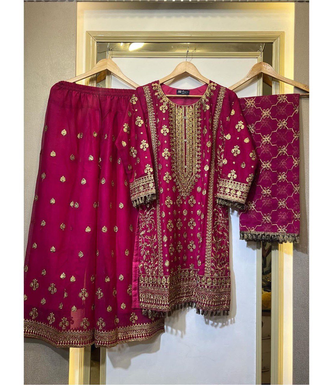 Pink Elegant Faux Georgette Embroidered Plazo Set