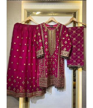 Pink Elegant Faux Georgette Embroidered Plazo Set