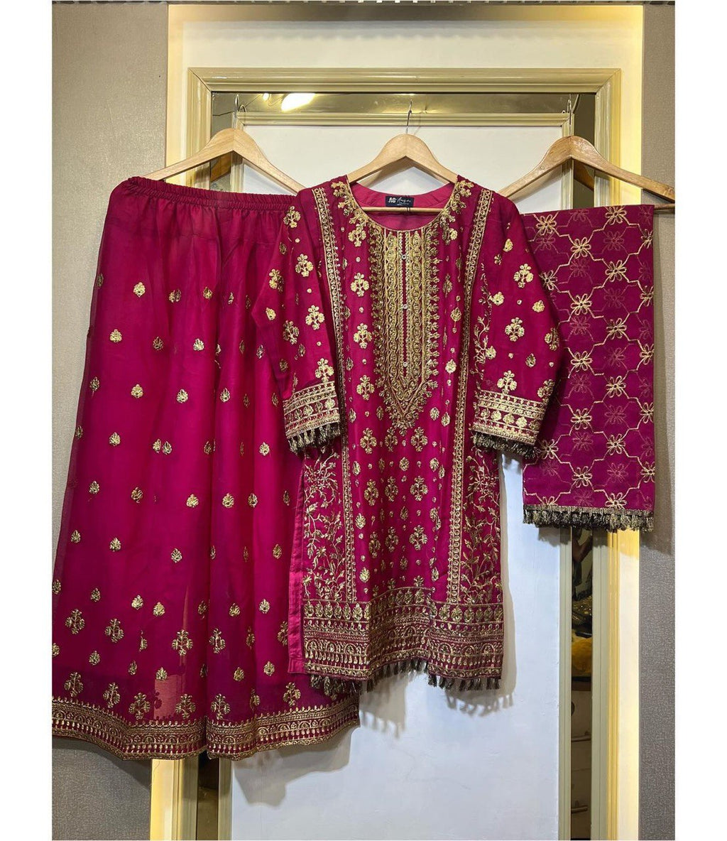 Pink Elegant Faux Georgette Embroidered Plazo Set