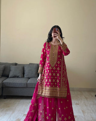 Pink Elegant Faux Georgette Embroidered Plazo Set