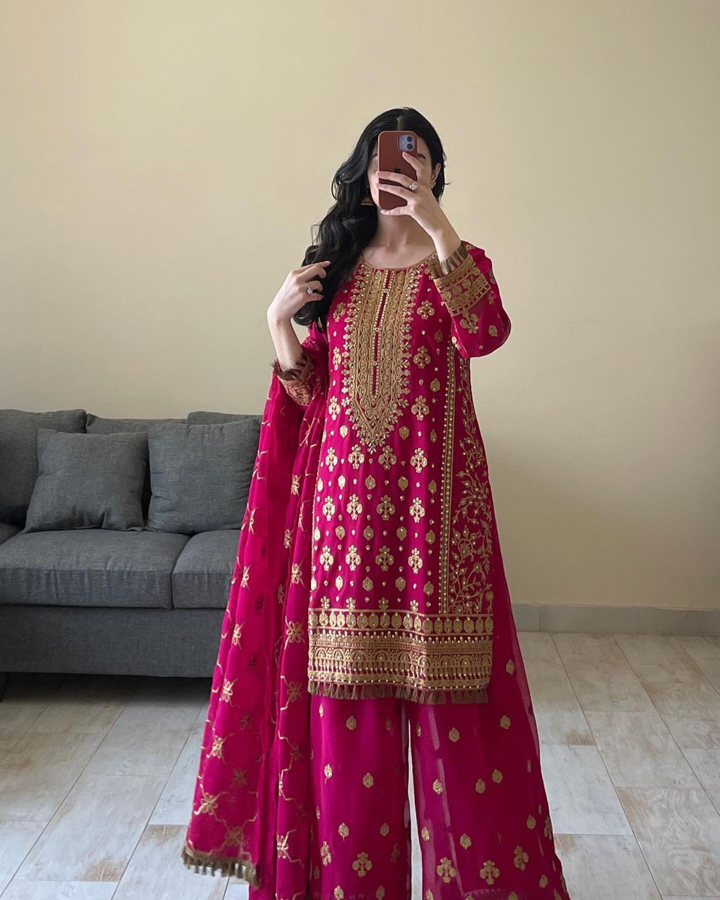Pink Elegant Faux Georgette Embroidered Plazo Set