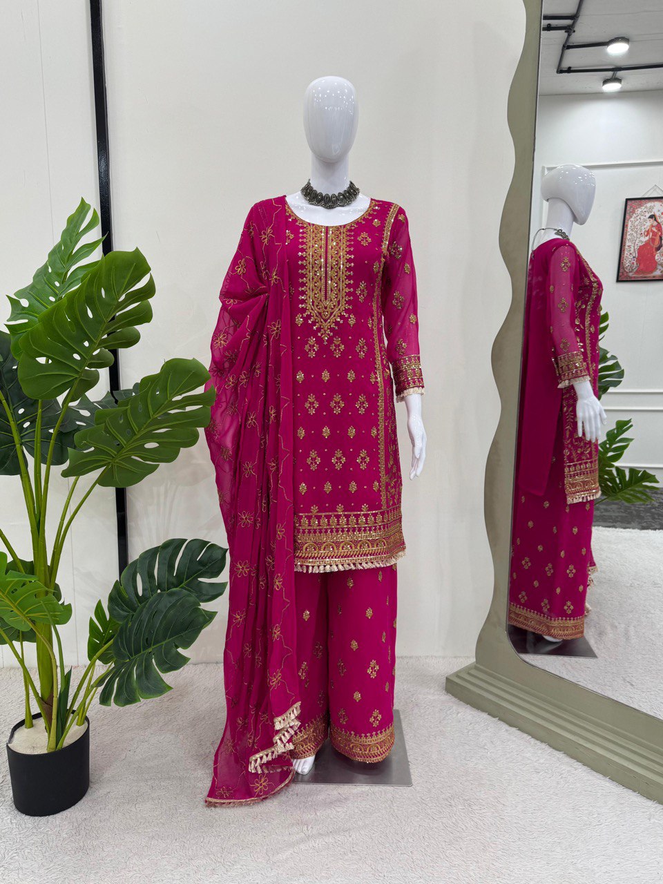Pink Elegant Faux Georgette Embroidered Plazo Set