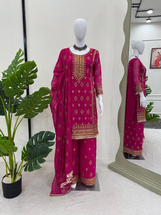 Pink Elegant Faux Georgette Embroidered Plazo Set
