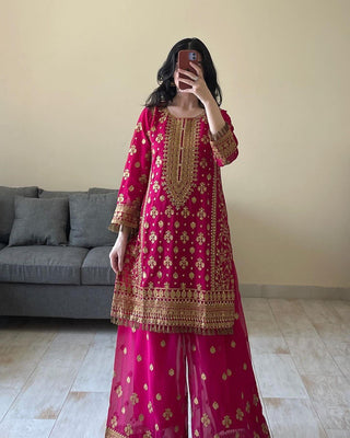 Pink Elegant Faux Georgette Embroidered Plazo Set