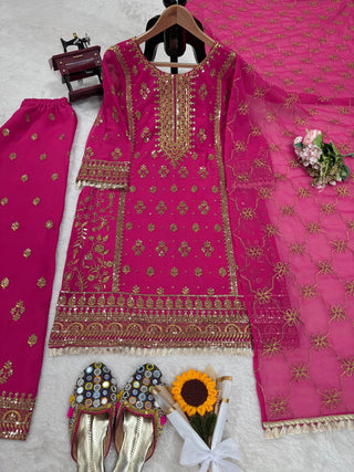 Pink Elegant Faux Georgette Embroidered Plazo Set