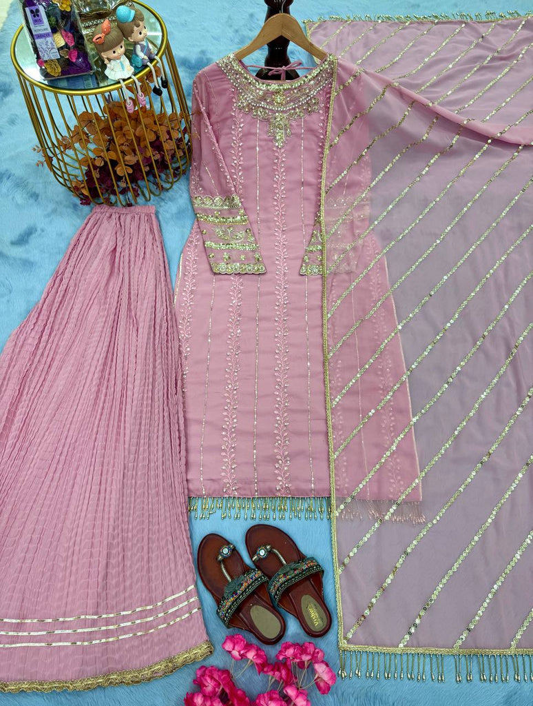 Pink Elegant Faux Georgette Embroidered Plazzo Set with Rivet Moti & Fancy Latkan Detailing ClothsVilla