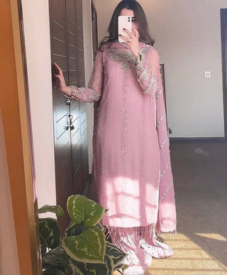 Pink Elegant Faux Georgette Embroidered Plazzo Set with Rivet Moti & Fancy Latkan Detailing ClothsVilla