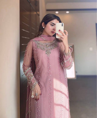 Pink Elegant Faux Georgette Embroidered Plazzo Set with Rivet Moti & Fancy Latkan Detailing ClothsVilla
