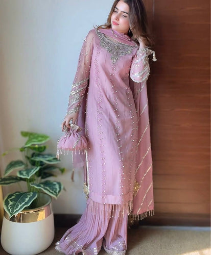 Pink Elegant Faux Georgette Embroidered Plazzo Set with Rivet Moti & Fancy Latkan Detailing ClothsVilla
