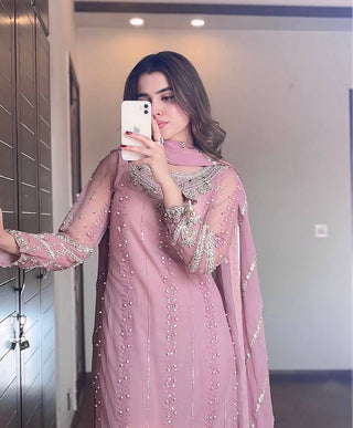 Pink Elegant Faux Georgette Embroidered Plazzo Set with Rivet Moti & Fancy Latkan Detailing ClothsVilla
