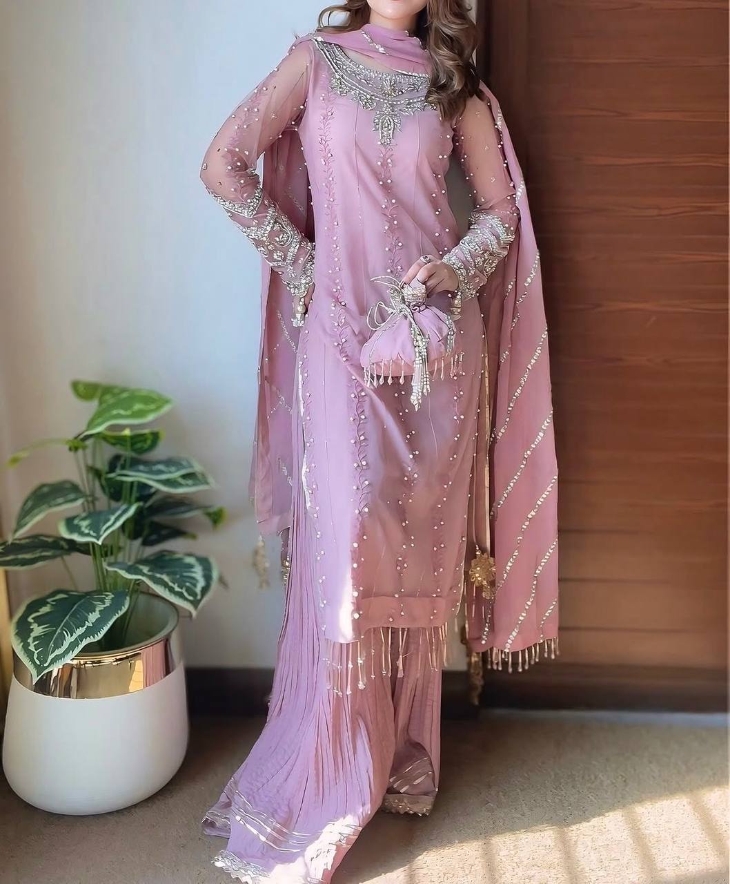 Pink Elegant Faux Georgette Embroidered Plazzo Set with Rivet Moti & Fancy Latkan Detailing ClothsVilla