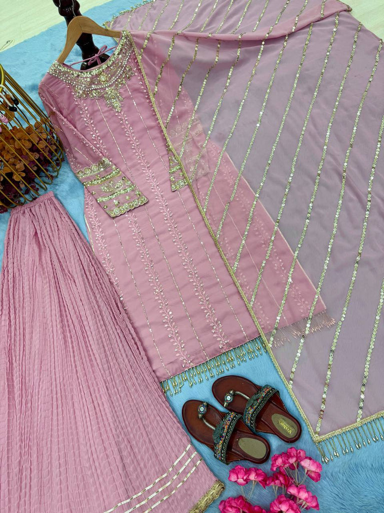 Pink Elegant Faux Georgette Embroidered Plazzo Set with Rivet Moti & Fancy Latkan Detailing ClothsVilla