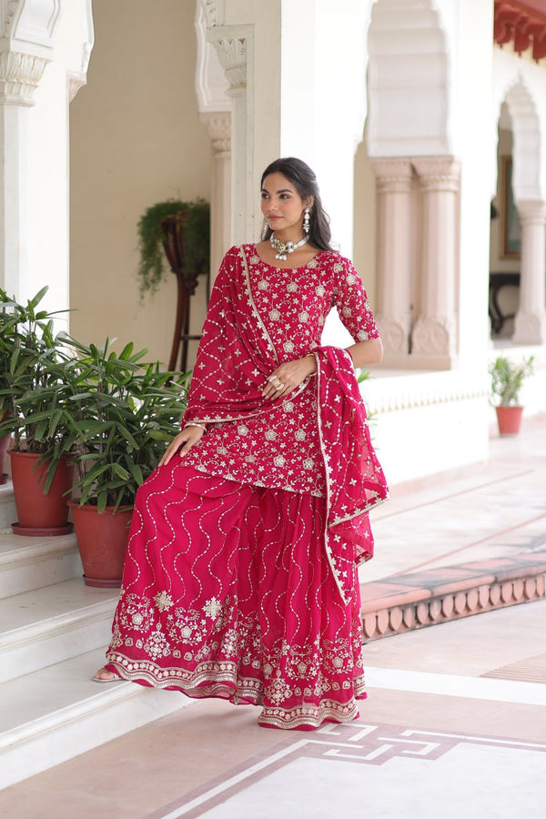 Pink Elegant Faux Georgette Sequins Embroidered Kurti with Sharara & Dupatta Set – Premium Party & Festive Wear ClothsVilla
